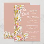 ホワイト カラーリリー & 牡丹 Oh Baby Girl ベビーシャワー 招待状 (正面/裏面)