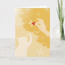 ホワイト・キャット&ホリー、金ゴールド、ホリデー/クリスマスカード カード