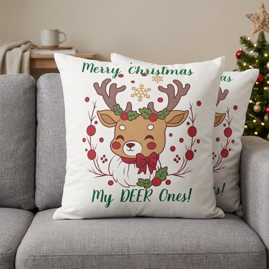 ホワイト+クリスマスの可愛い茶色の鹿 クッション