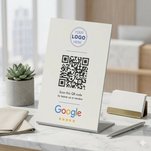 ホワイト クリーン Google レビュー QR コード ロゴ 台座サイン