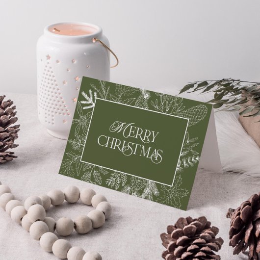 ホワイト&グリーンクリスマスボタニカルラインアートフォトH シーズンカード