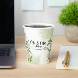 ホワイト+グリーン+フラワーの水彩画 紙コップ