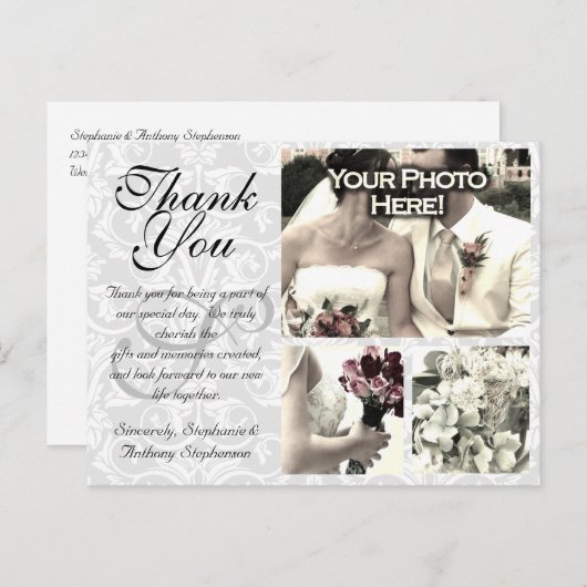 ホワイト/グレーダマスク結婚式サンキューカード3枚 ポストカード (正面/裏面)