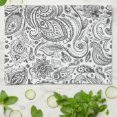 ホワイト&グレーヴィンテージフローラペイズリー キッチンタオル (折り畳み)