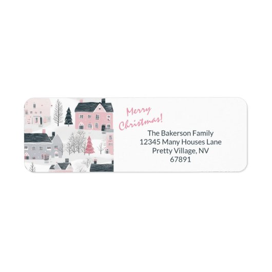 ホワイト、グレー、ピンクのクリスマスヴィンテージハウス ラベル (正面)