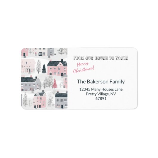 ホワイト、グレー、ピンクのヴィンテージクリスマスハウスラベル ラベル (正面)