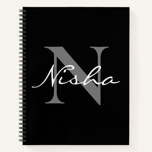 ホワイト グレー モノグラム 名前 ノートブック (正面)