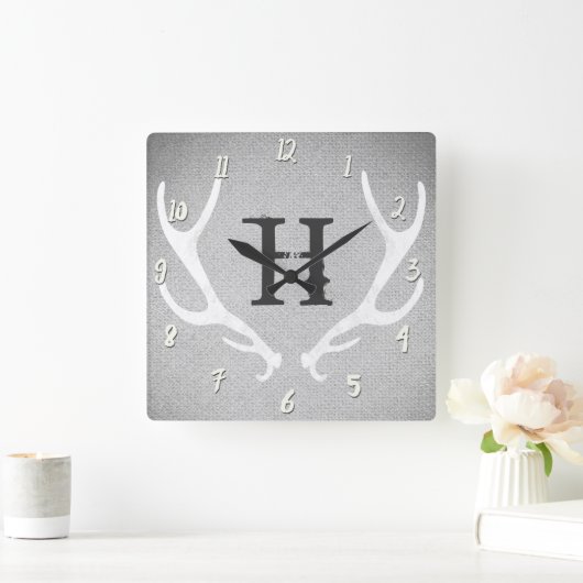 ホワイト&グ素朴レーディア〔雄ジカの〕枝角バーラップカントリー スクエア壁時計 (ホーム)