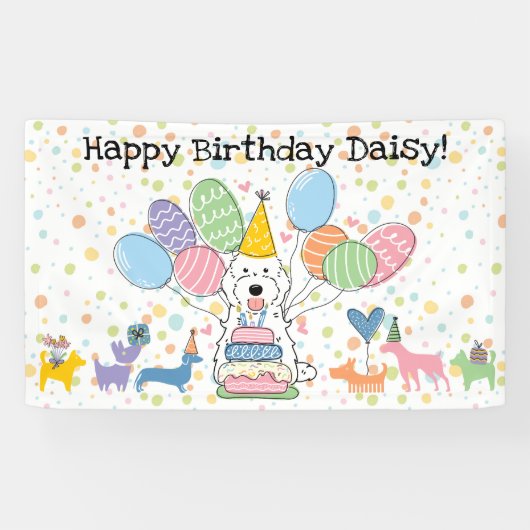 ホワイト コッカプー キャバプー 犬の誕生日パーティー 横断幕 (横)