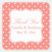 ホワイト&コーラルピンク水玉模様サンキューサンキュー スクエアシール (正面)