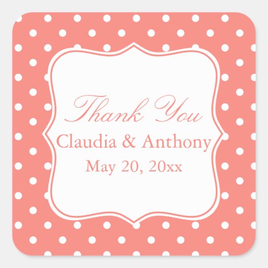 ホワイト&コーラルピンク水玉模様サンキューサンキュー スクエアシール (正面)