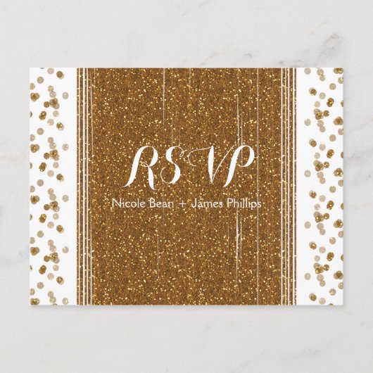 ホワイト＆ゴールドの疑似グリッター結婚式出欠確認ポストカード インビテーションポストカード (正面)