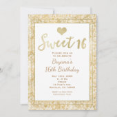 ホワイト＆ゴールドハートのゴージャスなSweet16パーティー招待状 招待状 (正面)