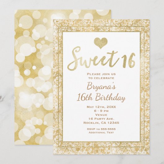 ホワイト＆ゴールドハートのゴージャスなSweet16パーティー招待状 招待状 (正面/裏面)