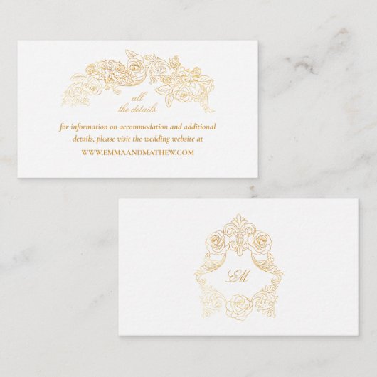 ホワイト&ゴールドフェイク・フォイル・バロックの結婚ウェブサイト エンクロージャーカード (正面/裏面)