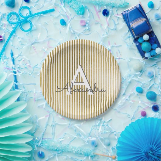 ホワイト&ゴールドフォイルストライプのモノグラム誕生日 ペーパープレート (パーティー)