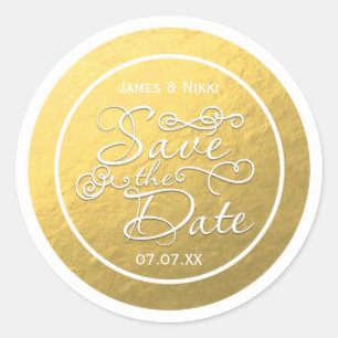 ホワイト&ゴールドフォイル日付のステッ結婚カーを保存 ラウンドシール