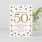 ホワイト＆ゴールド グリッター ドット 50歳 50 誕生日パーティー 招待状 (スタンド正面)