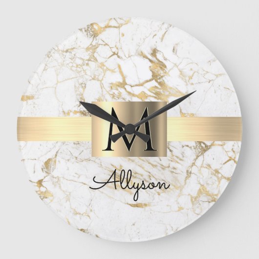 ホワイト＆ゴールド マーブル ゴールド ボックス、ブラック ネーム モノグラム ラージ壁時計 (正面)