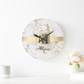 ホワイト＆ゴールド マーブル ゴールド ボックス、ブラック ネーム モノグラム ラージ壁時計 (ホーム)