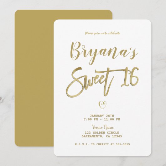 ホワイト＆ゴールド モダン ミニマル シック スウィート16 招待状 (正面/裏面)