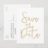 ホワイト＆ゴールド SAVE THE DATE モダン スクリプト ポストカード (正面/裏面)