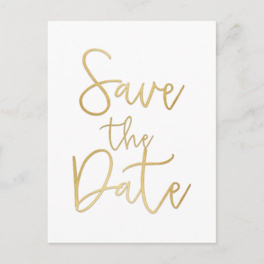 ホワイト＆ゴールド SAVE THE DATE モダン スクリプト ポストカード (正面)
