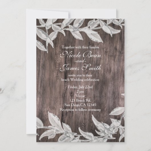 ホワイト＆シルバーの葉の冬のウェディング　ラスティックウッド 招待状 (正面)