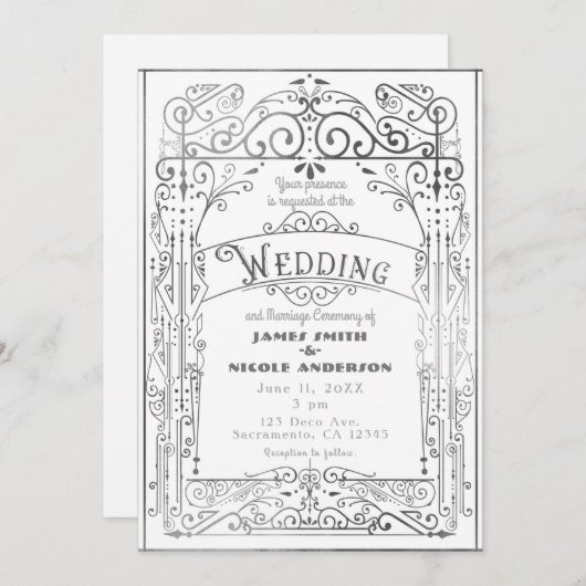 ホワイト&シルバービクトリアンヴィンテージデコ結婚ズ 招待状 (正面/裏面)