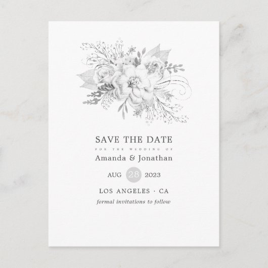 ホワイト&シルバーヴィンテージバラウェディング日付を保存 案内ポストカード (正面)