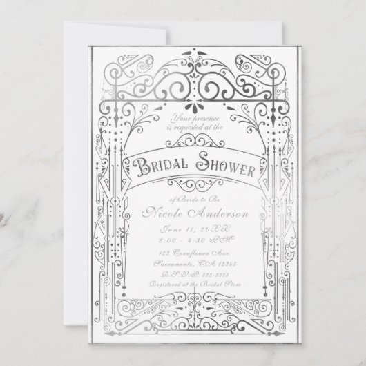 ホワイト&シルバーヴィンテージビクトリアンブライダルシャワー 招待状 (正面)