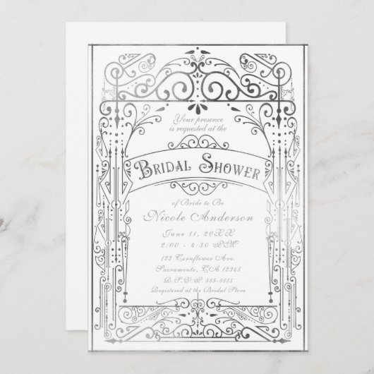 ホワイト&シルバーヴィンテージビクトリアンブライダルシャワー 招待状 (正面/裏面)
