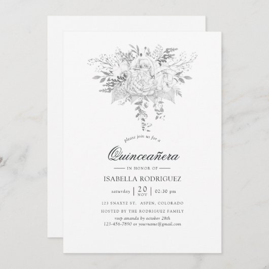 ホワイト&シルバーヴィンテージフローラクインセアニラ 招待状 (正面/裏面)