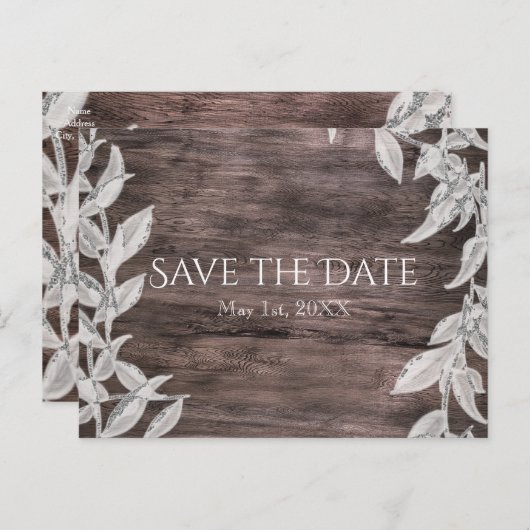 ホワイト&シルバー葉のと素朴ウッド日付を保存 案内ポストカード (正面/裏面)