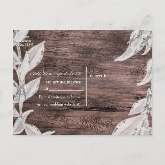 ホワイト&シルバー葉のと素朴ウッド日付を保存 案内ポストカード (裏面)