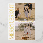 「ホワイト シンプル フォト」"メリー アンド ブライト" テキスト 箔シーズンカード (正面)