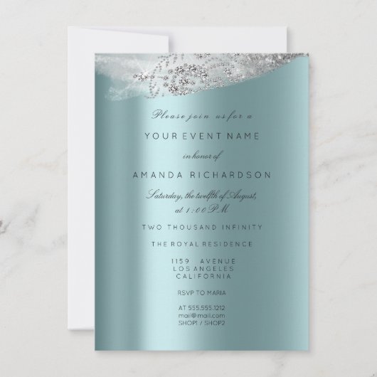 ホワイト スイート 16th ウェディングドレス グレー アクア ダイヤモンド 招待状 (正面)