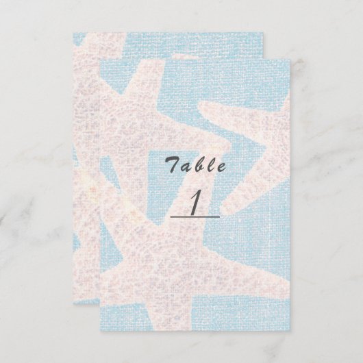ホワイト スターフィッシュ & ブルー Burlap ビーチ テーブル ナンバー 招待状 (正面/裏面)