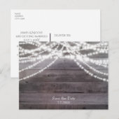 ホワイト ストリング ライト & ラスティック ウッド セーブ ザ デート 案内ポストカード (正面/裏面)