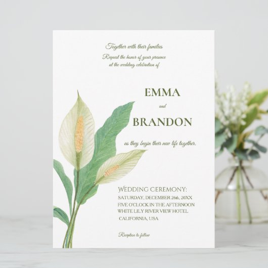 ホワイト・スパティフィラムの水彩画 - ミニマリストの結婚式 招待状 (スタンド正面)