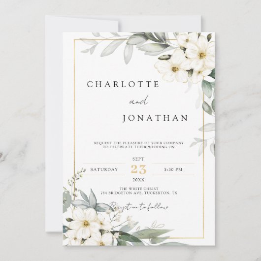 ホワイト&セージ水色フローラエレガントな結婚式 招待状 (正面)