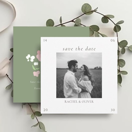 ホワイト & セージ | おしゃれな花のウェディング Save The Date セーブザデート