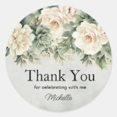 ホワイト セージ グリーン フローラル ゴールド バースデー サンクス ラウンドシール (正面)