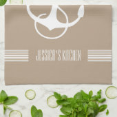 ホワイト&タンストライプズ&ボ航海のートいかり キッチンタオル (折り畳み)