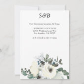 ホワイト＆ダスティーブルーの花のデザインの 日程変更のお知らせ詳細 招待状 (裏面)