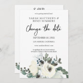 ホワイト＆ダスティーブルーの花のデザイン  日程変更の詳細 招待状 (正面/裏面)