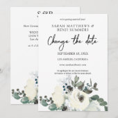 ホワイト&ダスティーブルーの花の変更日付の詳細 招待状 (正面/裏面)