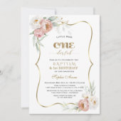 ホワイト ダスティ ローズ フラワーズ ファースト バースデー & 洗礼 招待状 (正面)