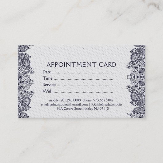 ホワイト&ダークブルーペイズリーレースアポイントメントカード 予約カード (正面)