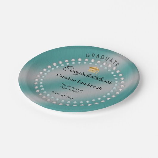 ホワイト&ティール（緑がかった色）パールティール（緑がかった色）ブルーエクセシレーションパーティー ペーパープレート (アングル)